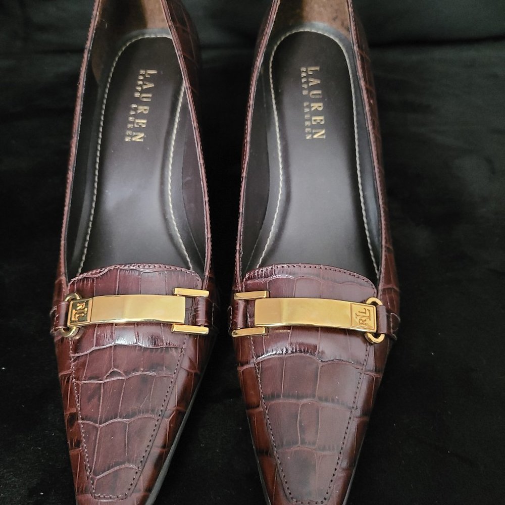 Lauren Ralph Lauren Crocodile Pattern Heels with Gold Buckle